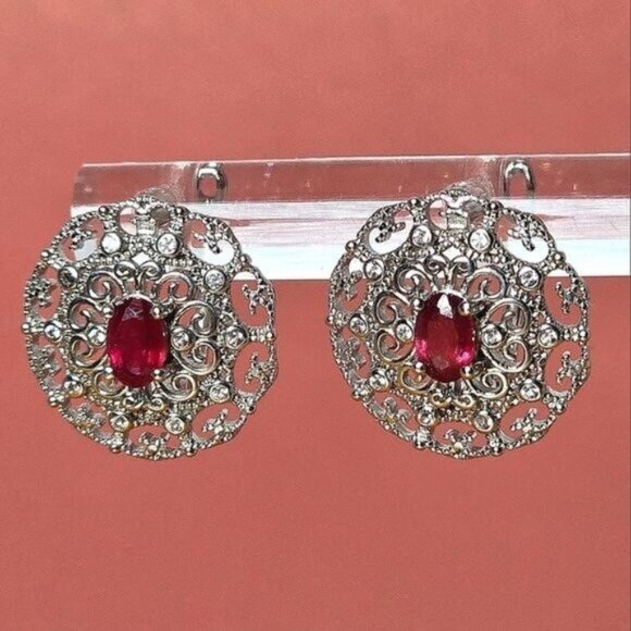 Natural Ruby 14K White Gold on 925 Sterling Silver Earrings - Picture 1 of 6